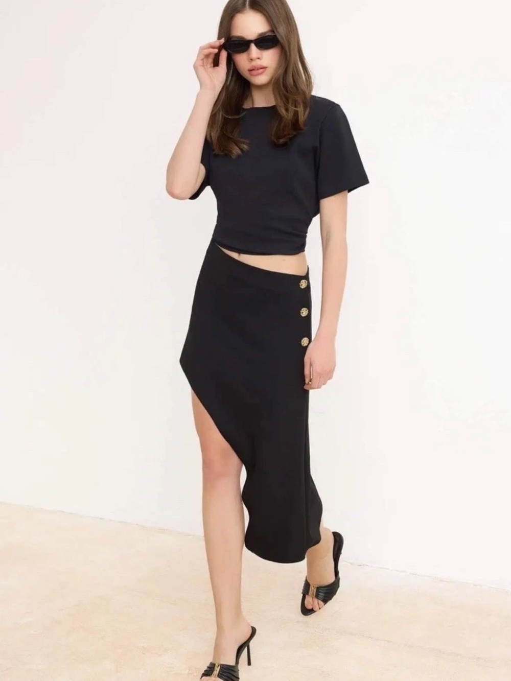 ZARA NWT Asymmetrical Black Mini Midi Skirt Side Button Avant-Garde Size L - Picture 10 of 11